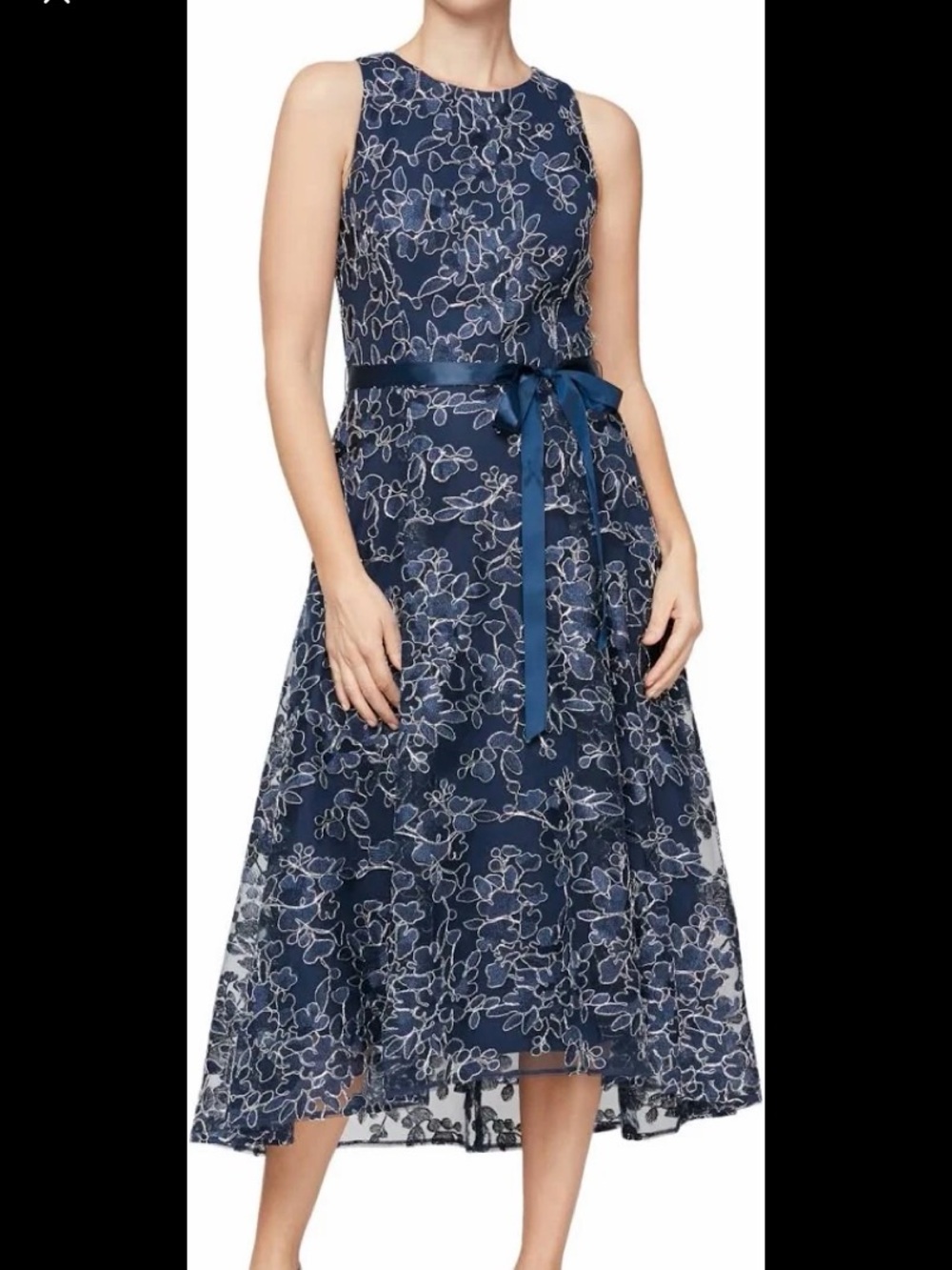Alex Evenings Navy and Silver Floral Lace Midi Dress with Satin Ribbon